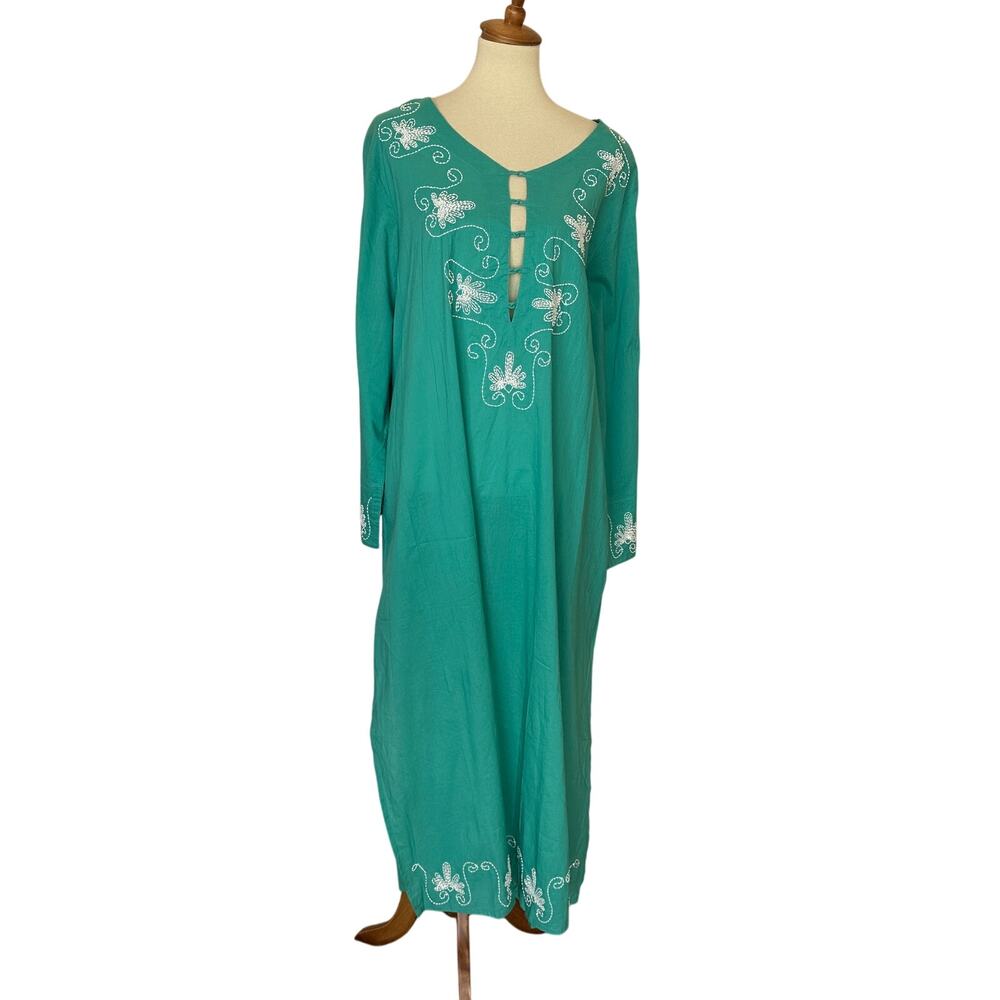 Soft Surroundings Teal Beaded Caftan Kaftan Coverup Beach XXL Cotton Beach $148